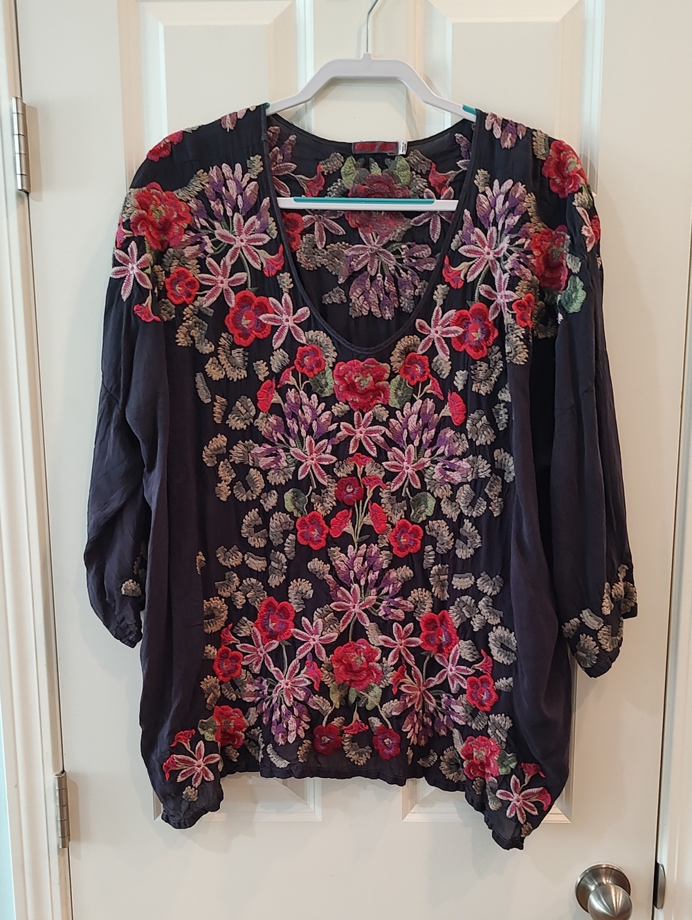 Johnny Was Navy Tunic with Pink, Red & Purple Floral Embroidery